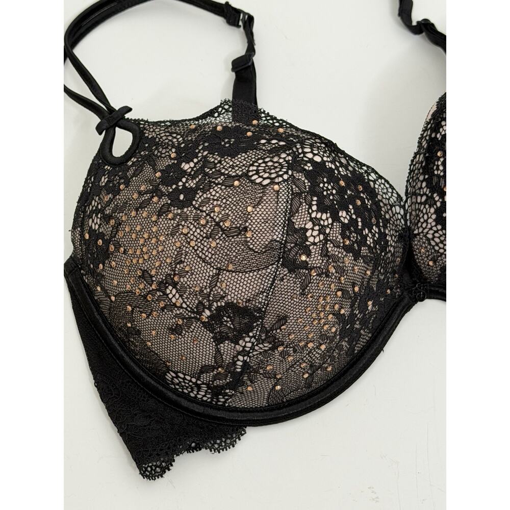 Victoria’s Secret Sexy Little Things Bra 36D Black Lace Rinestones Bling Push Up - Picture 2 of 7